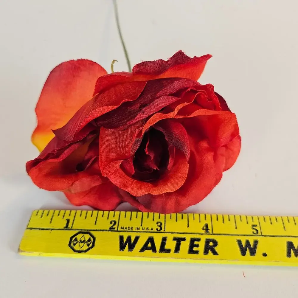 Artificial Large Red Orange Roses 16 Stems Faux Silk Fall Wedding Floral Lot